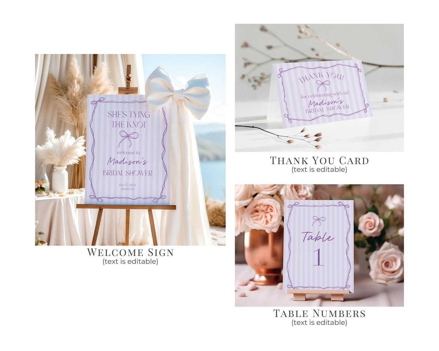 Purple Coquette Bow Bridal Shower Bundle Template, Editable Lavender Bridal Brunch Kit, DIY Printable Tying The Knot Shower WP1063
