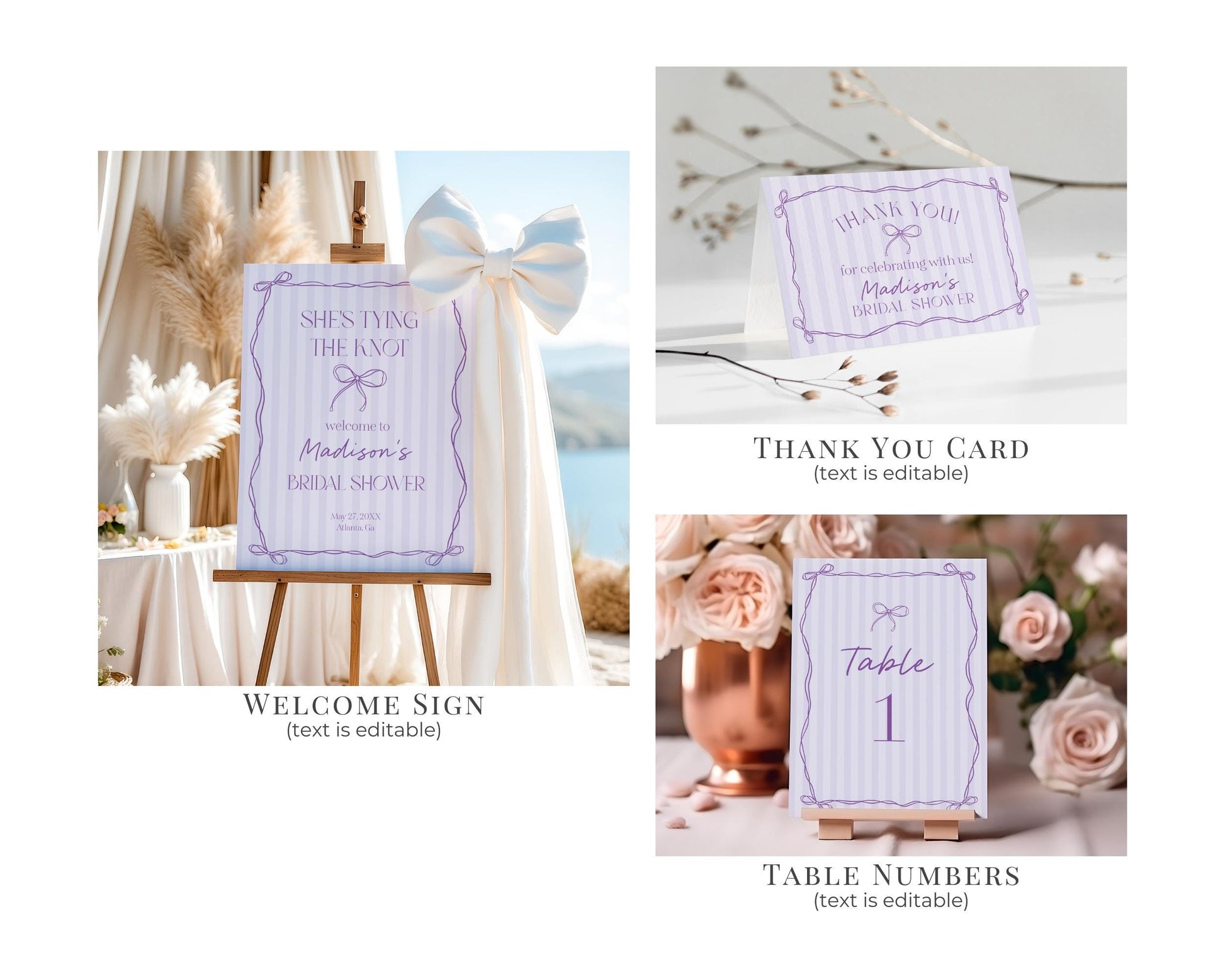 Purple Coquette Bow Bridal Shower Bundle Template, Editable Lavender Bridal Brunch Kit, DIY Printable Tying The Knot Shower WP1063