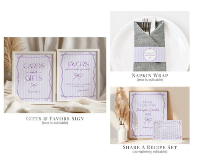 Purple Coquette Bow Bridal Shower Bundle Template, Editable Lavender Bridal Brunch Kit, DIY Printable Tying The Knot Shower WP1063