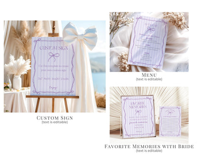 Purple Coquette Bow Bridal Shower Bundle Template, Editable Lavender Bridal Brunch Kit, DIY Printable Tying The Knot Shower WP1063