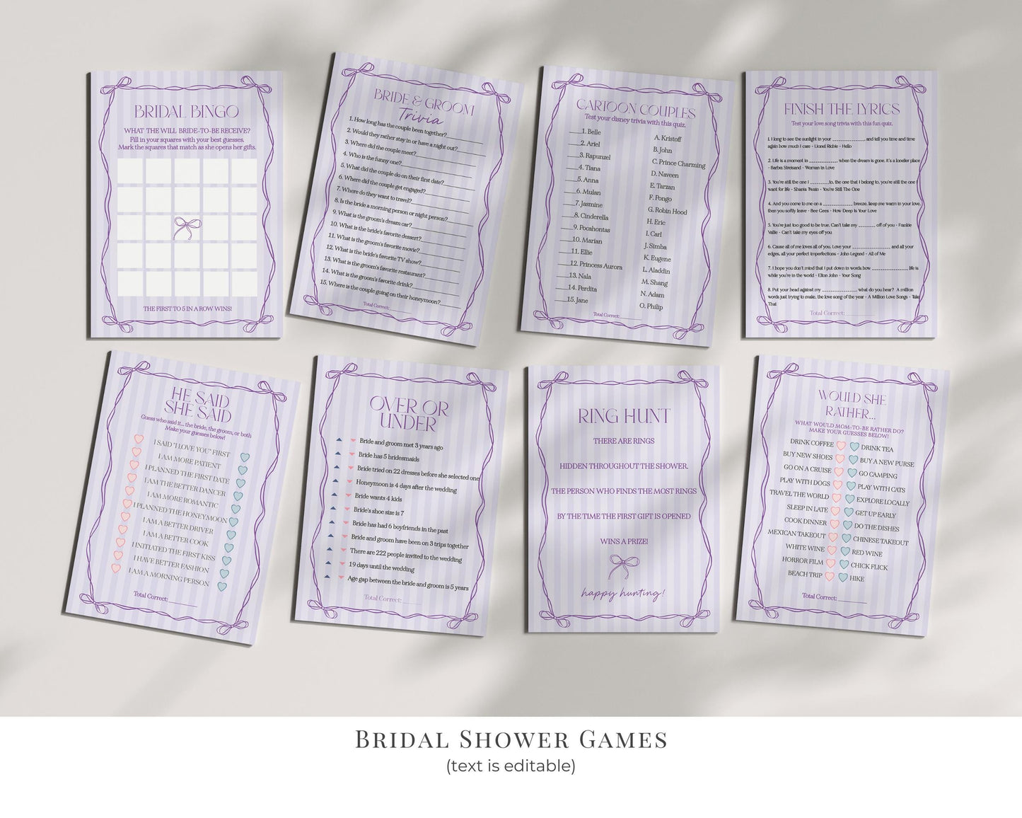 Purple Coquette Bow Bridal Shower Bundle Template, Editable Lavender Bridal Brunch Kit, DIY Printable Tying The Knot Shower WP1063