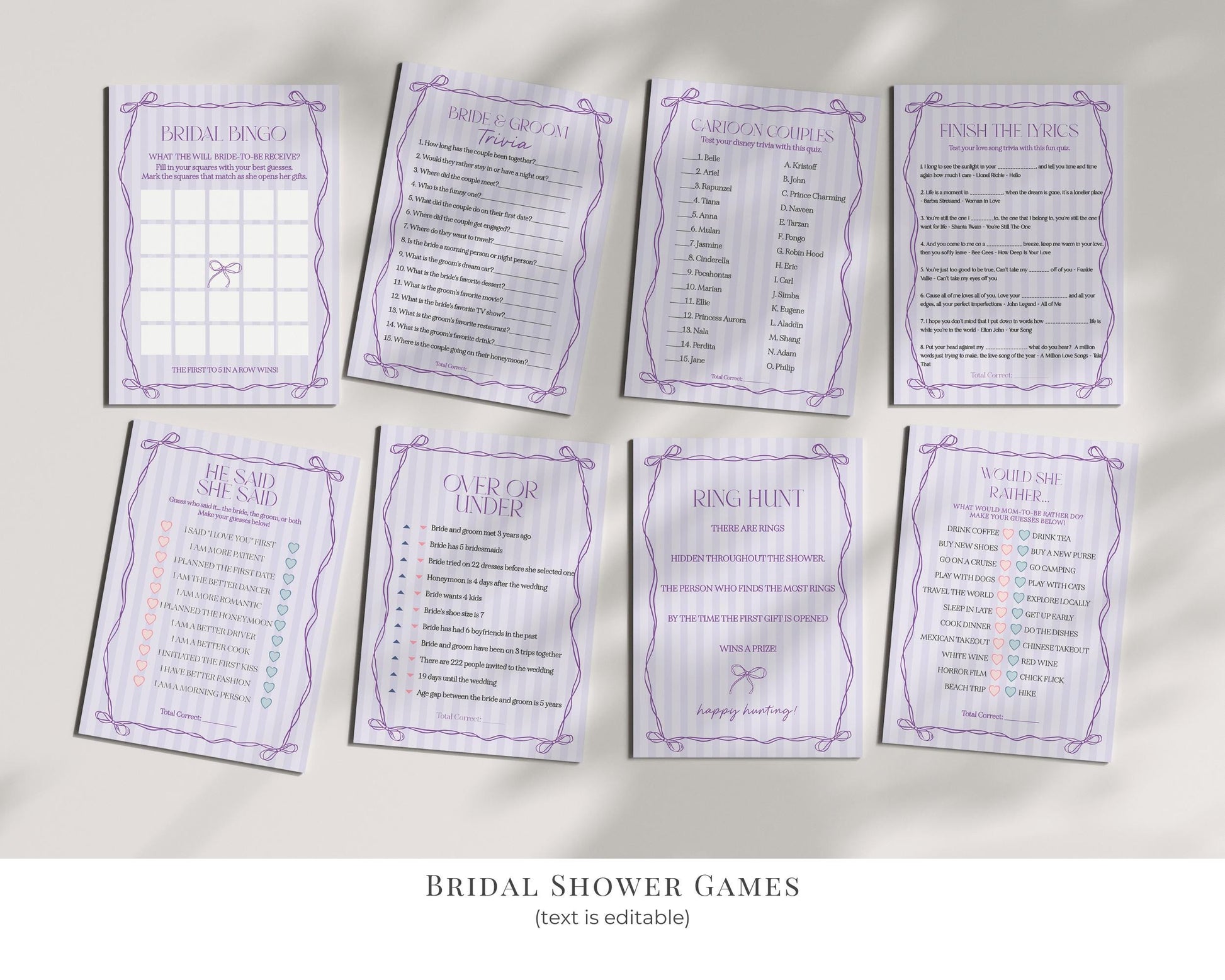 Purple Coquette Bow Bridal Shower Bundle Template, Editable Lavender Bridal Brunch Kit, DIY Printable Tying The Knot Shower WP1063