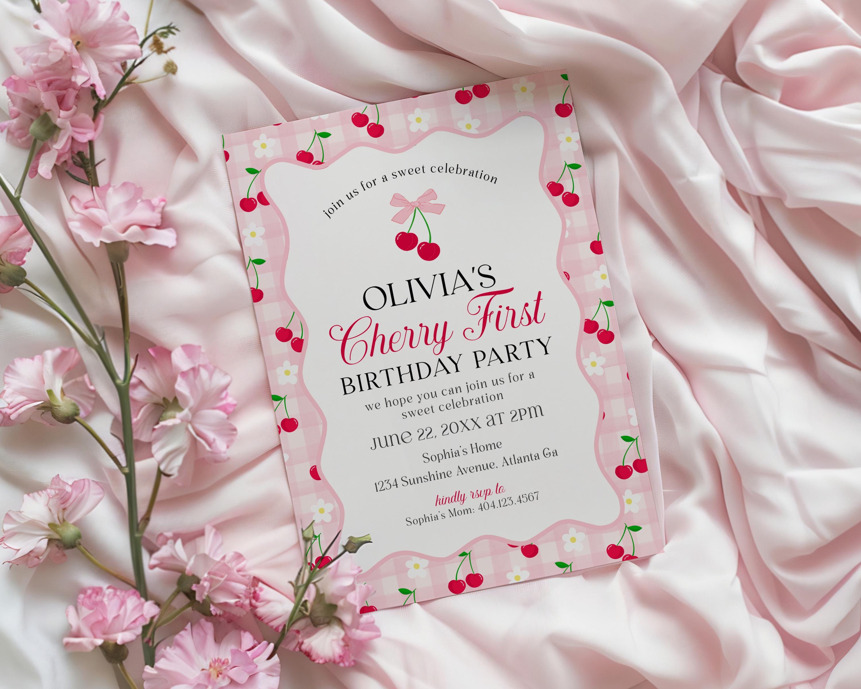Pink Cherry Gingham 1st Birthday Invite Printable Template, Coquette Sweet Cherry First Bday Celebration, Pastel Gingham Party Decor WP1071