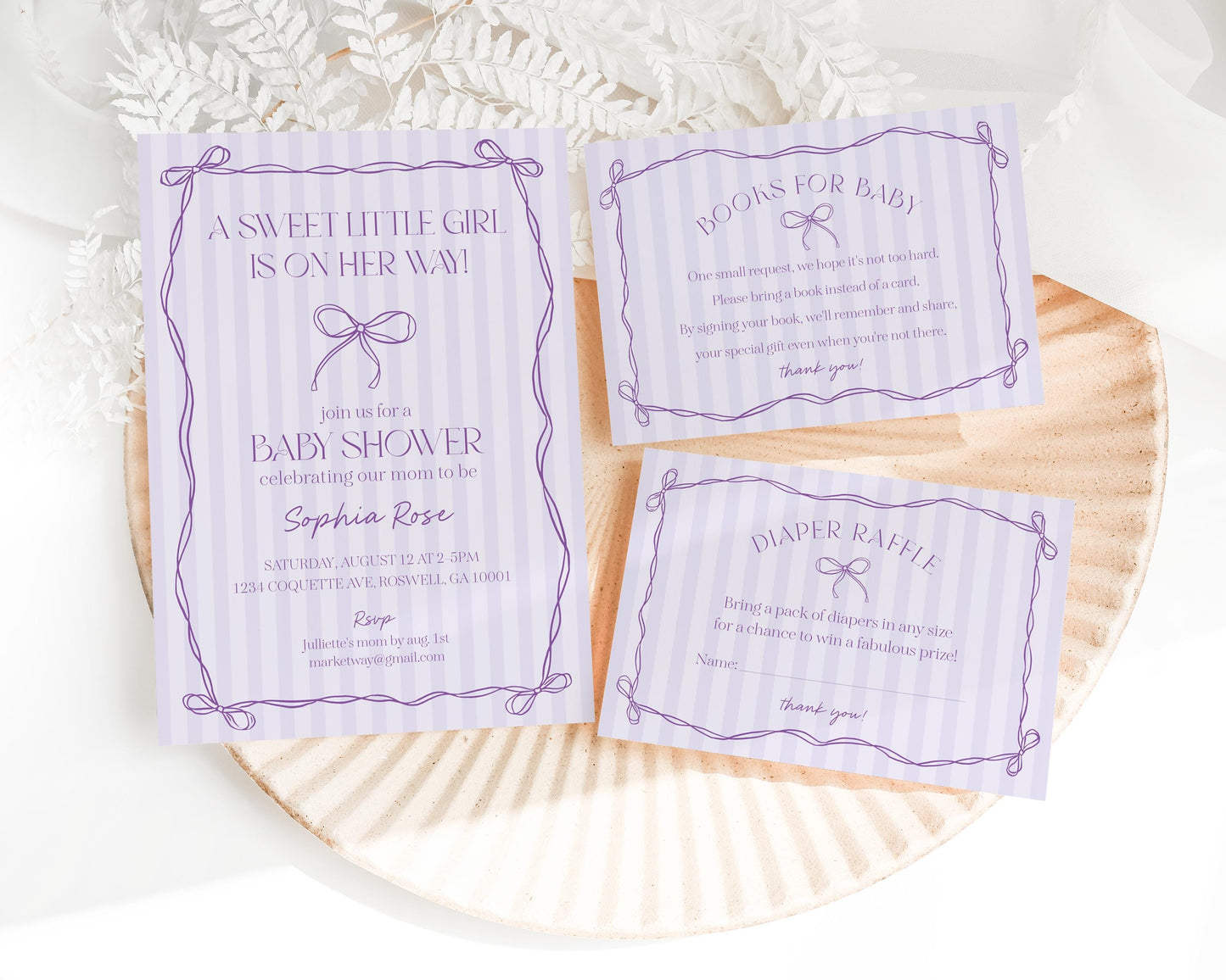 Purple Coquette Bow Baby Shower Invitation Template, Editable Lavender Baby Sprinkle, Printable Hand-Drawn Bows, Digital Download WP1063