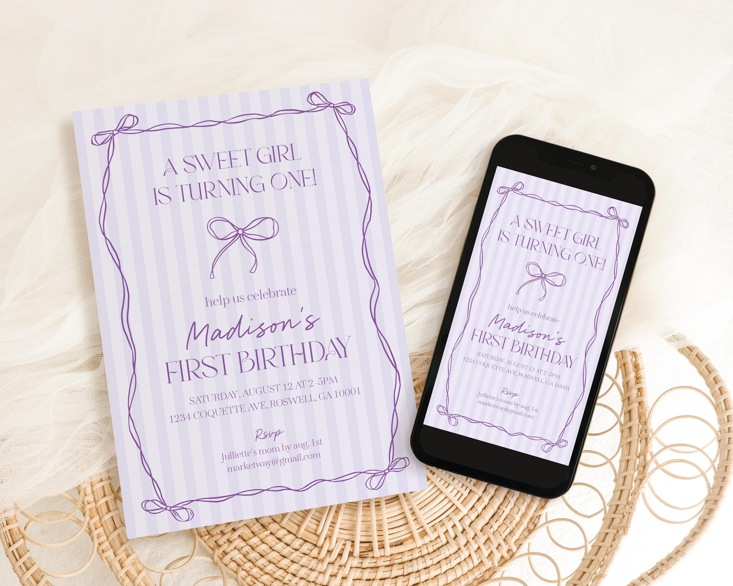 Purple Coquette Bow Birthday Invitation Template, Editable Lavender Birthday Kit, Printable Hand-Drawn Bows, Digital Download WP1063