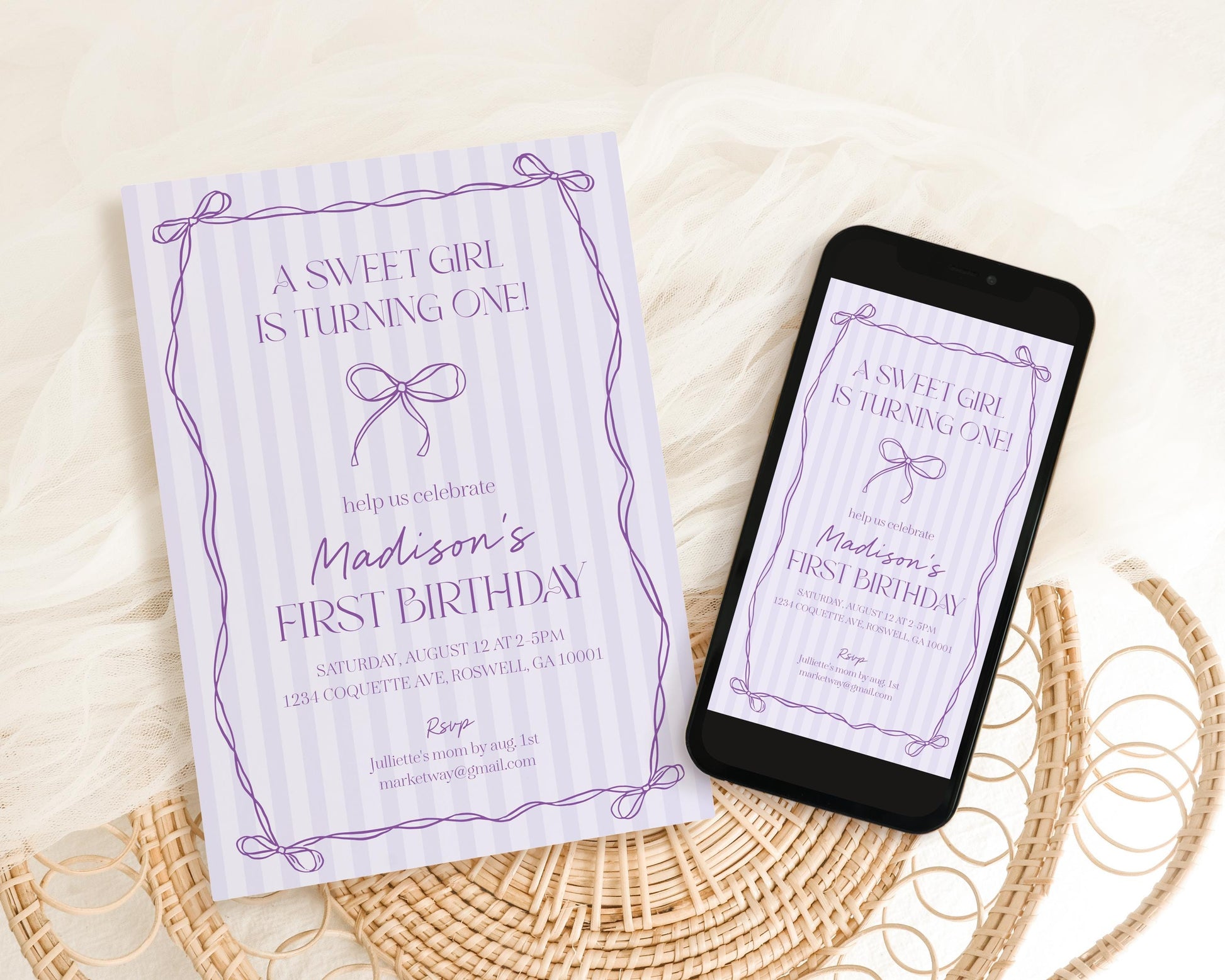 Purple Coquette Bow Birthday Invitation Template, Editable Lavender Birthday Kit, Printable Hand-Drawn Bows, Digital Download WP1063