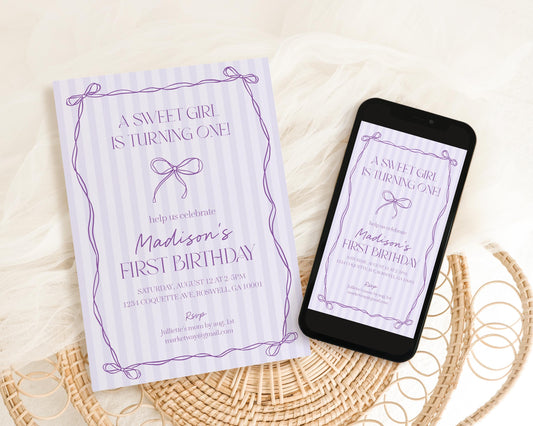 Purple Coquette Bow Birthday Invitation Template, Editable Lavender Birthday Kit, Printable Hand-Drawn Bows, Digital Download WP1063