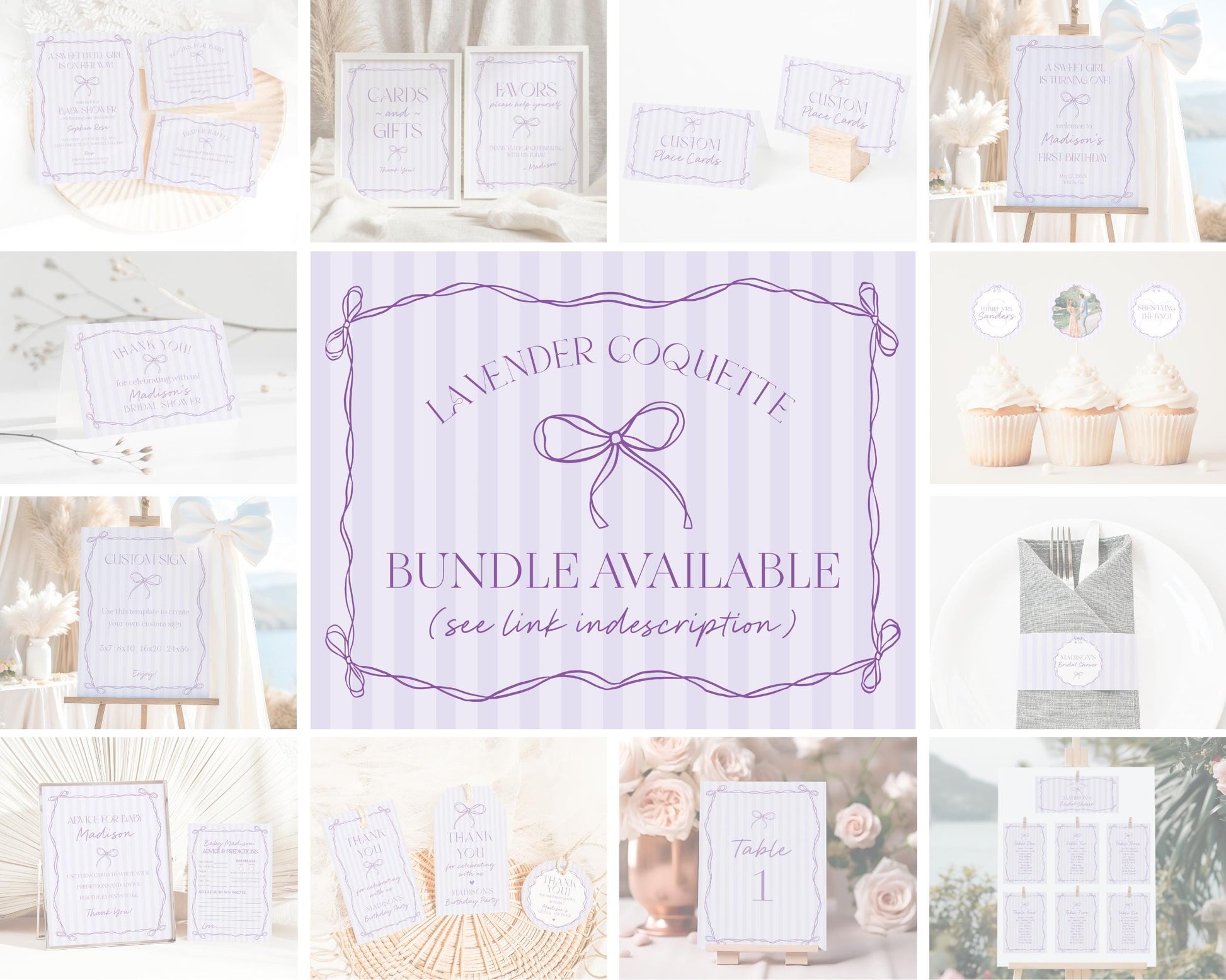 Purple Coquette Bow Bridal Shower Invitation Template, Editable Lavender Bridal Brunch Kit, DIY Printable Tying The Knot Shower WP1063