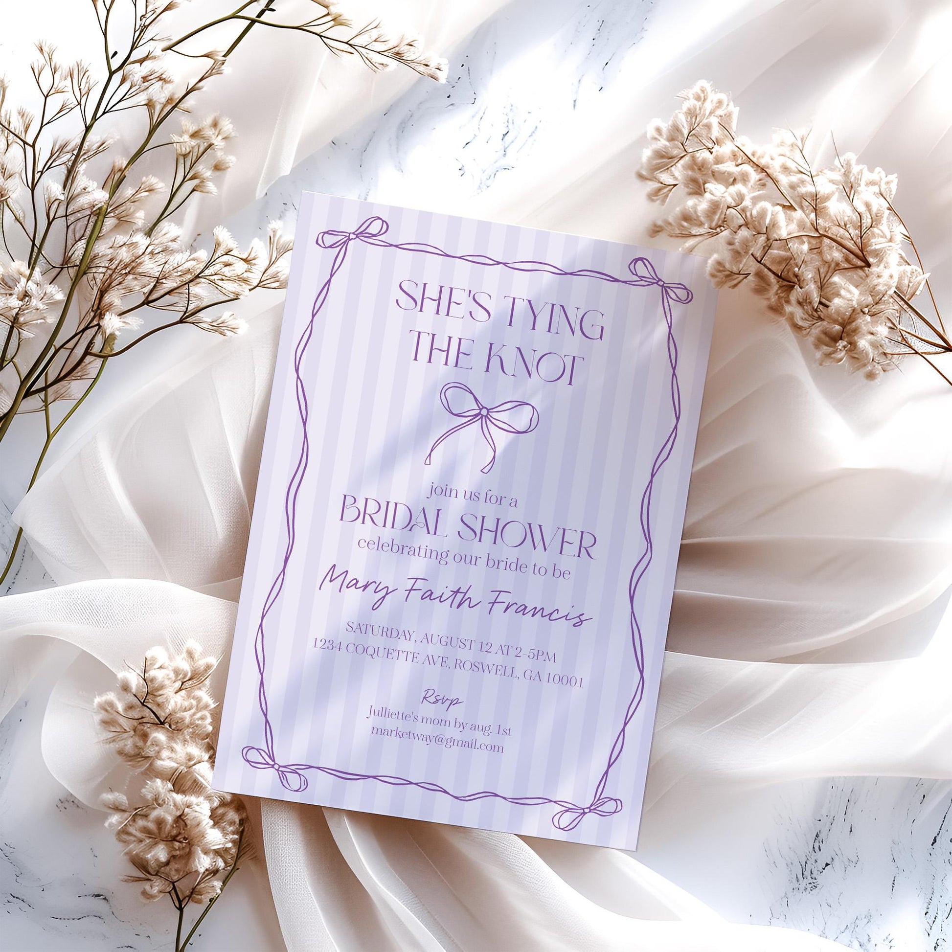 Purple Coquette Bow Bridal Shower Invitation Template, Editable Lavender Bridal Brunch Kit, DIY Printable Tying The Knot Shower WP1063