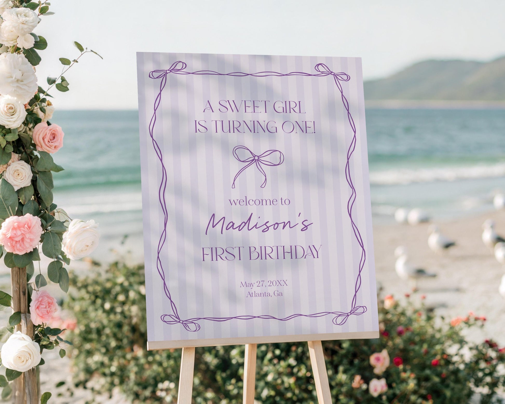 Purple Coquette Bow Birthday Welcome Sign Template, Editable Lavender Birthday Kit, Printable Hand-Drawn Bows, Digital Download WP1063