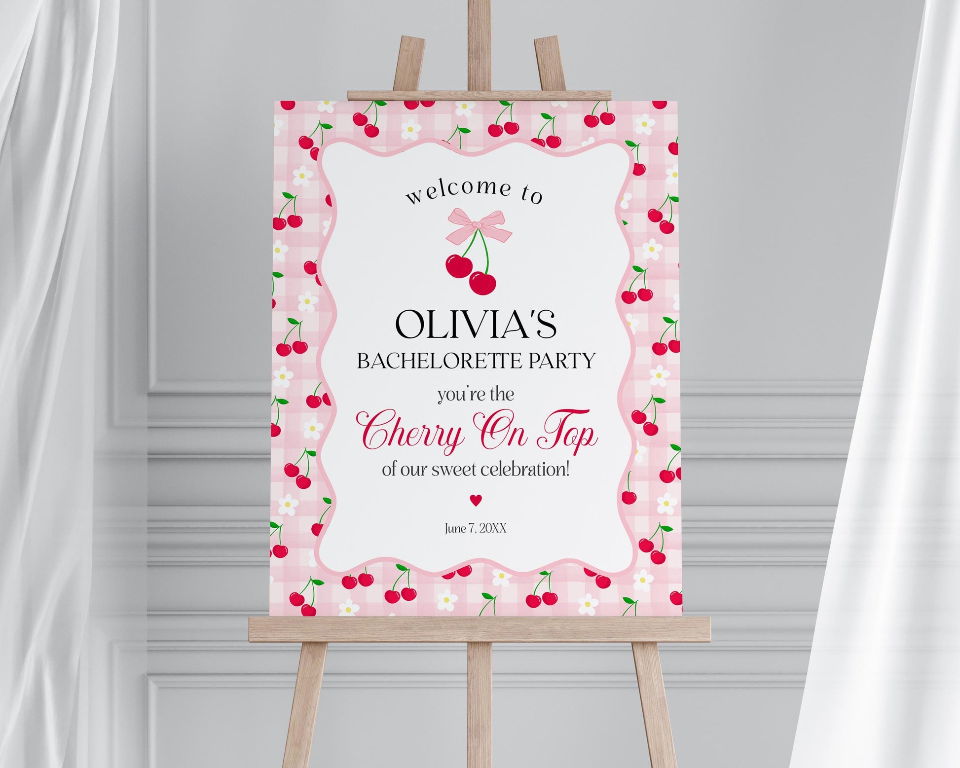 Pink Cherry Gingham Bachelorette Welcome Sign Printable Template, Coquette Cherry Sweet Hen Party Pastel Engagement Girls Night Decor WP1071