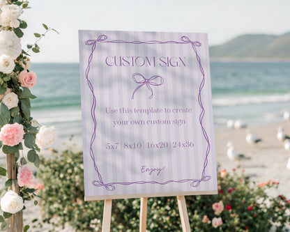 Purple Coquette Bow Custom Sign Template, Editable Lavender Baby Shower, Printable Tying the Knot Bridal Shower, Fancy Birthday Kit WP1063