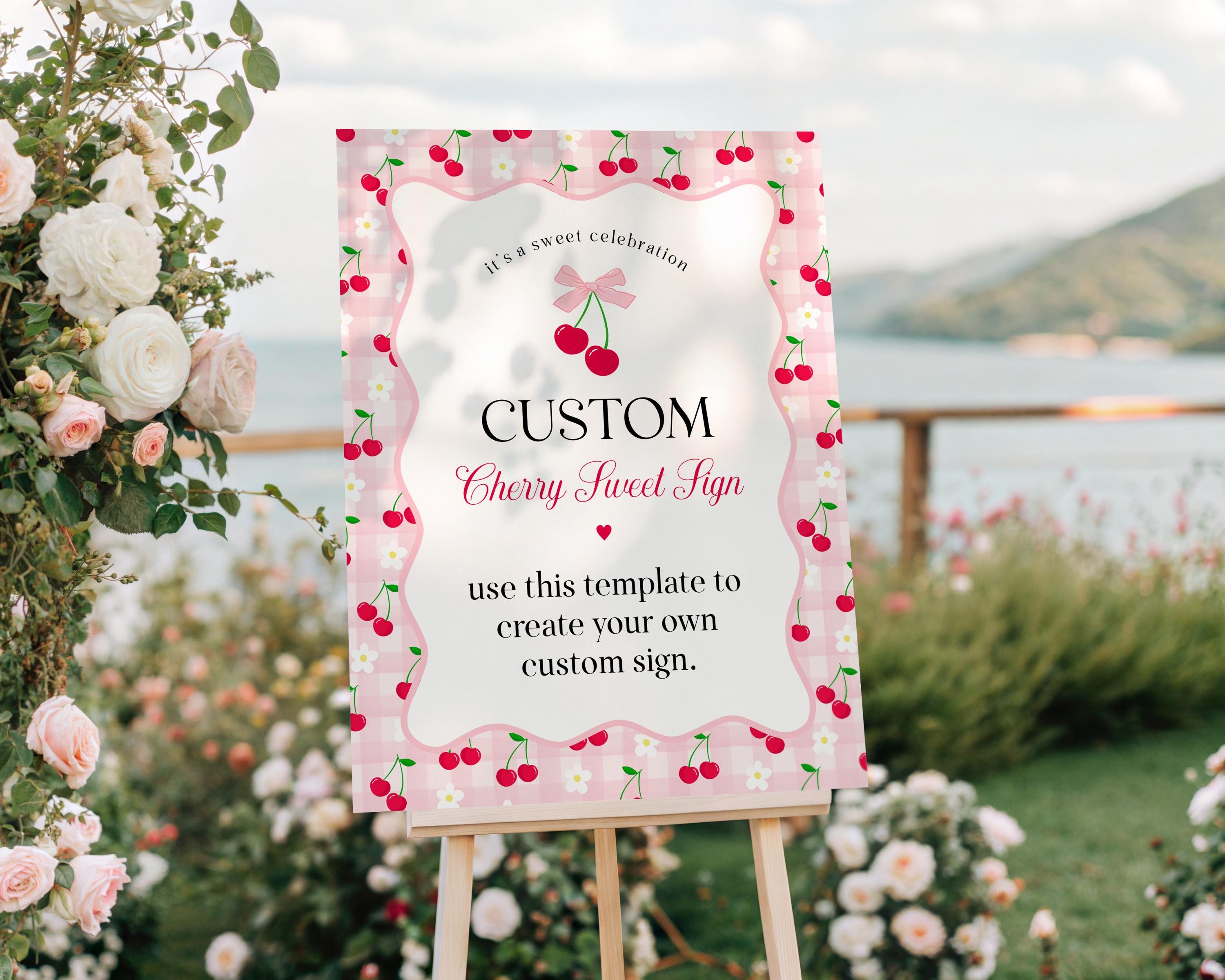 Pink Cherry Gingham Custom Sign Template, Coquette Sweet Cherry Baby Shower, Pastel Gingham Bridal Brunch, Girl Birthday Party Decor WP1071
