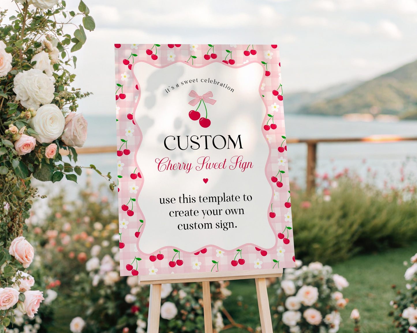 Pink Cherry Gingham Custom Sign Template, Coquette Sweet Cherry Baby Shower, Pastel Gingham Bridal Brunch, Girl Birthday Party Decor WP1071