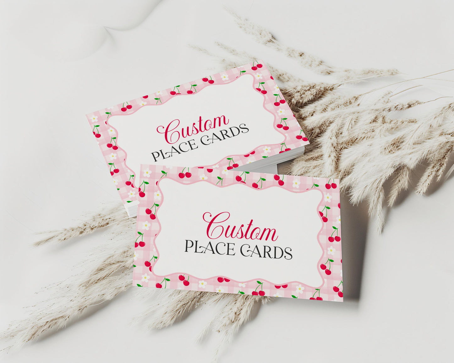 Pink Cherry Gingham Place Cards Template, Coquette Sweet Cherry Baby Shower, Pastel Gingham Bridal Brunch, Girl Birthday Party Decor WP1071