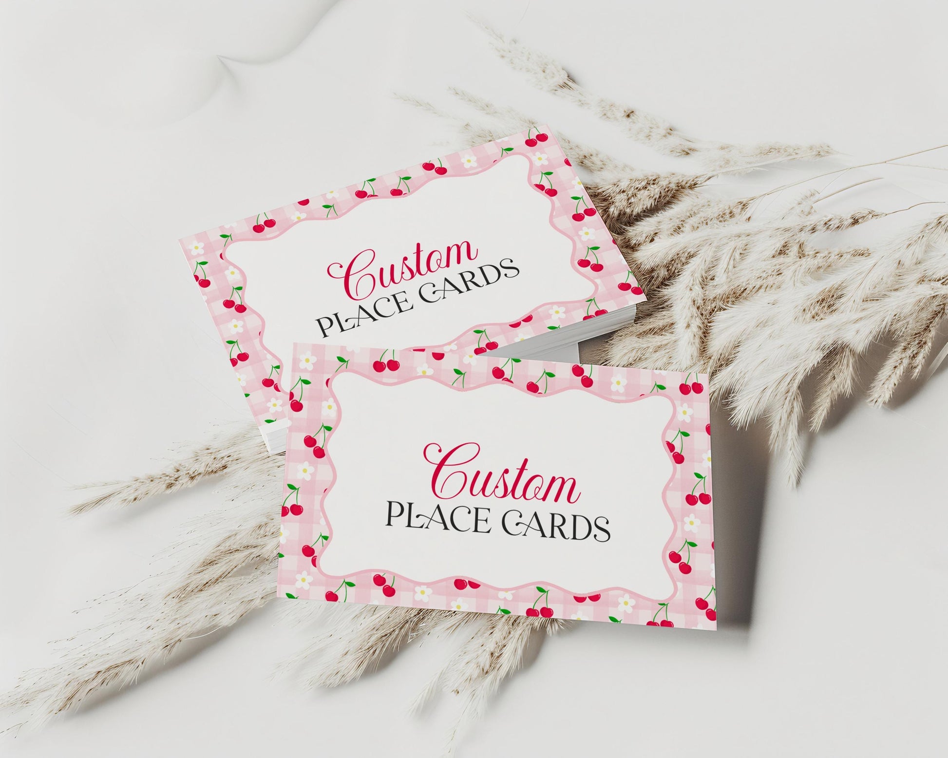 Pink Cherry Gingham Place Cards Template, Coquette Sweet Cherry Baby Shower, Pastel Gingham Bridal Brunch, Girl Birthday Party Decor WP1071