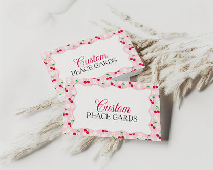 Pink Cherry Gingham Place Cards Template, Coquette Sweet Cherry Baby Shower, Pastel Gingham Bridal Brunch, Girl Birthday Party Decor WP1071