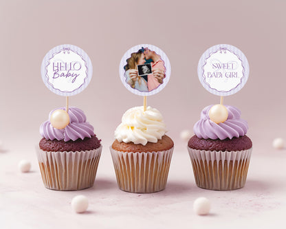 Purple Coquette Bow Baby Shower Cupcake Toppers Template, Editable Lavender Baby Sprinkle, Printable Hand-Drawn Bows Instant Download WP1063