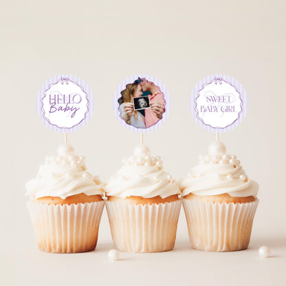 Purple Coquette Bow Baby Shower Cupcake Toppers Template, Editable Lavender Baby Sprinkle, Printable Hand-Drawn Bows Instant Download WP1063