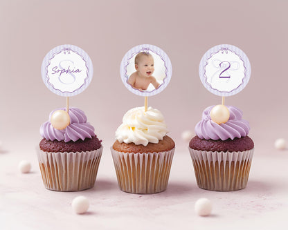 Purple Coquette Bow Birthday Party Cupcake Toppers Template, Editable Lavender Birthday Kit Printable Hand-Drawn Bow Instant Download WP1063