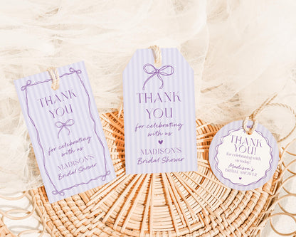 Purple Coquette Bow Bridal Shower Favor Tags Template, Editable Lavender Bridal Brunch Kit, DIY Printable Tying The Knot Shower WP1063