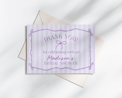 Purple Coquette Bow Thank You Card Template, Editable Lavender Baby Shower, Printable Tying the Knot Bridal Shower, Birthday DIY Kit WP1063