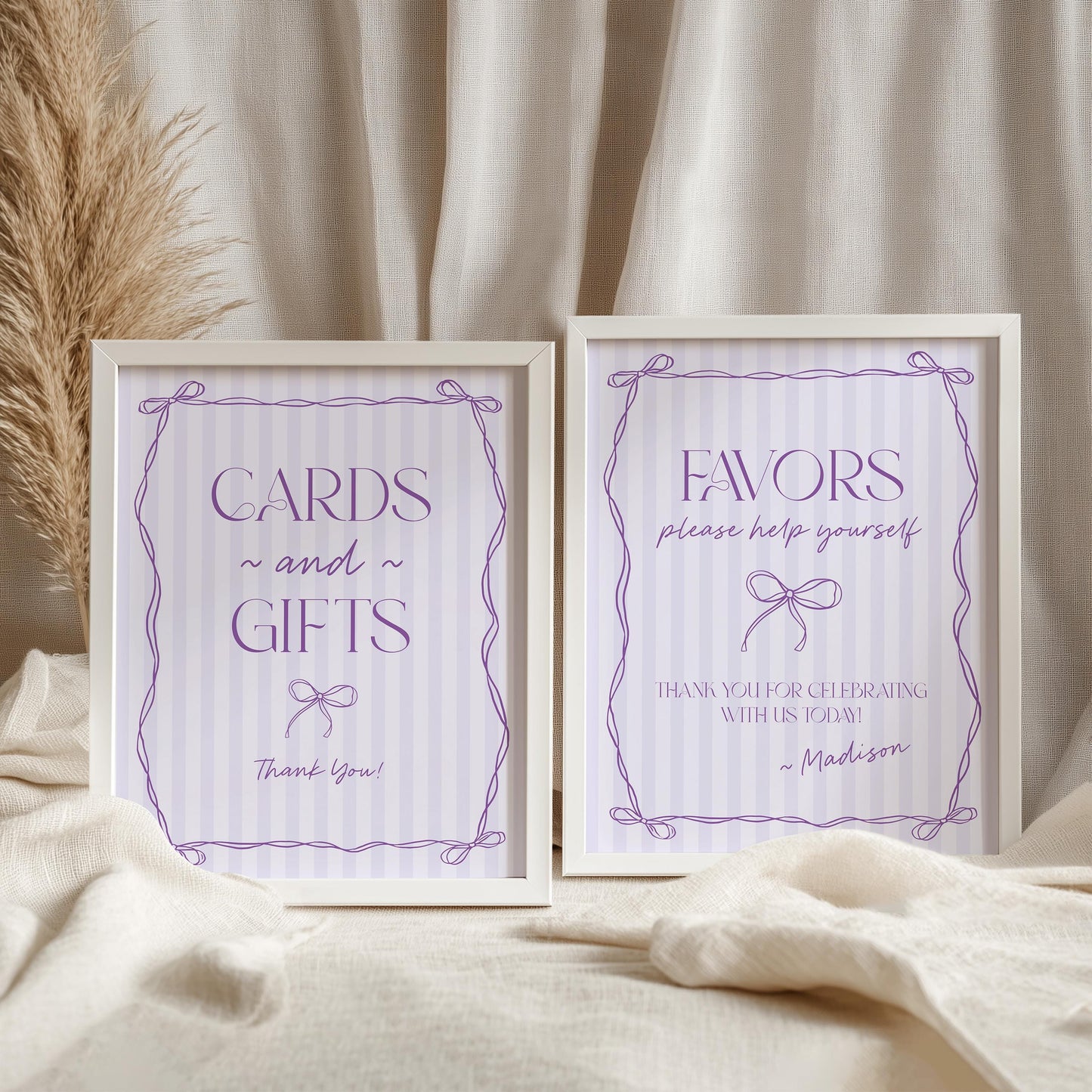 Purple Coquette Bow Cards & Gifts Favors Sign Template, Editable Lavender Baby Shower, Tying the Knot Bridal Shower DIY Birthday Kit WP1063