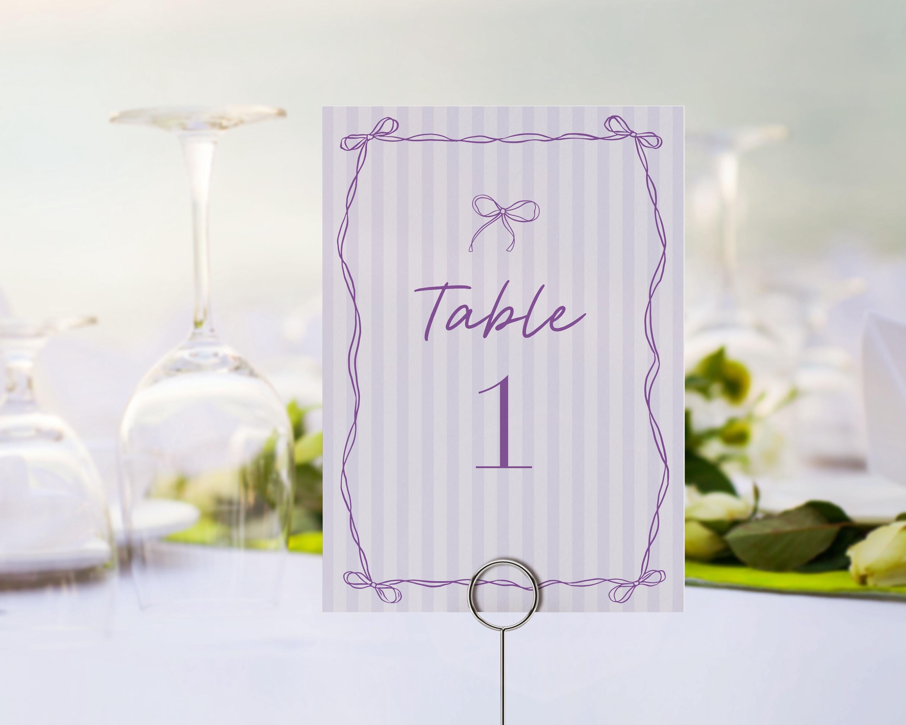 Purple Coquette Bow Table Number Card Template, Editable Lavender Baby Shower Printable Tying the Knot Bridal Shower DIY Birthday Kit WP1063