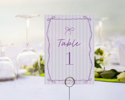 Purple Coquette Bow Table Number Card Template, Editable Lavender Baby Shower Printable Tying the Knot Bridal Shower DIY Birthday Kit WP1063