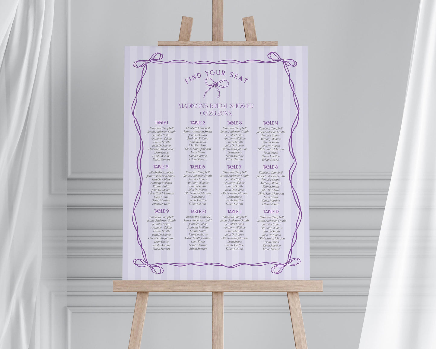 Purple Coquette Bow Seating Cards Template, Editable Lavender Baby Shower, Printable Tying the Knot Bridal Shower, DIY Birthday Kit WP1063
