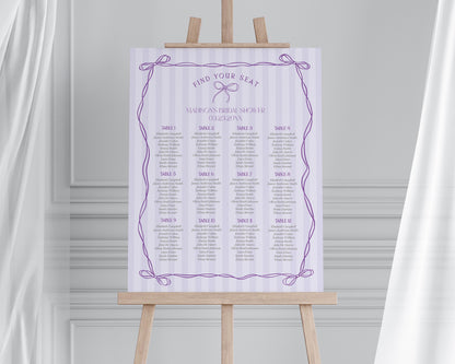 Purple Coquette Bow Seating Chart Template, Editable Lavender Baby Shower, Printable Tying the Knot Bridal Shower, DIY Birthday Kit WP1063