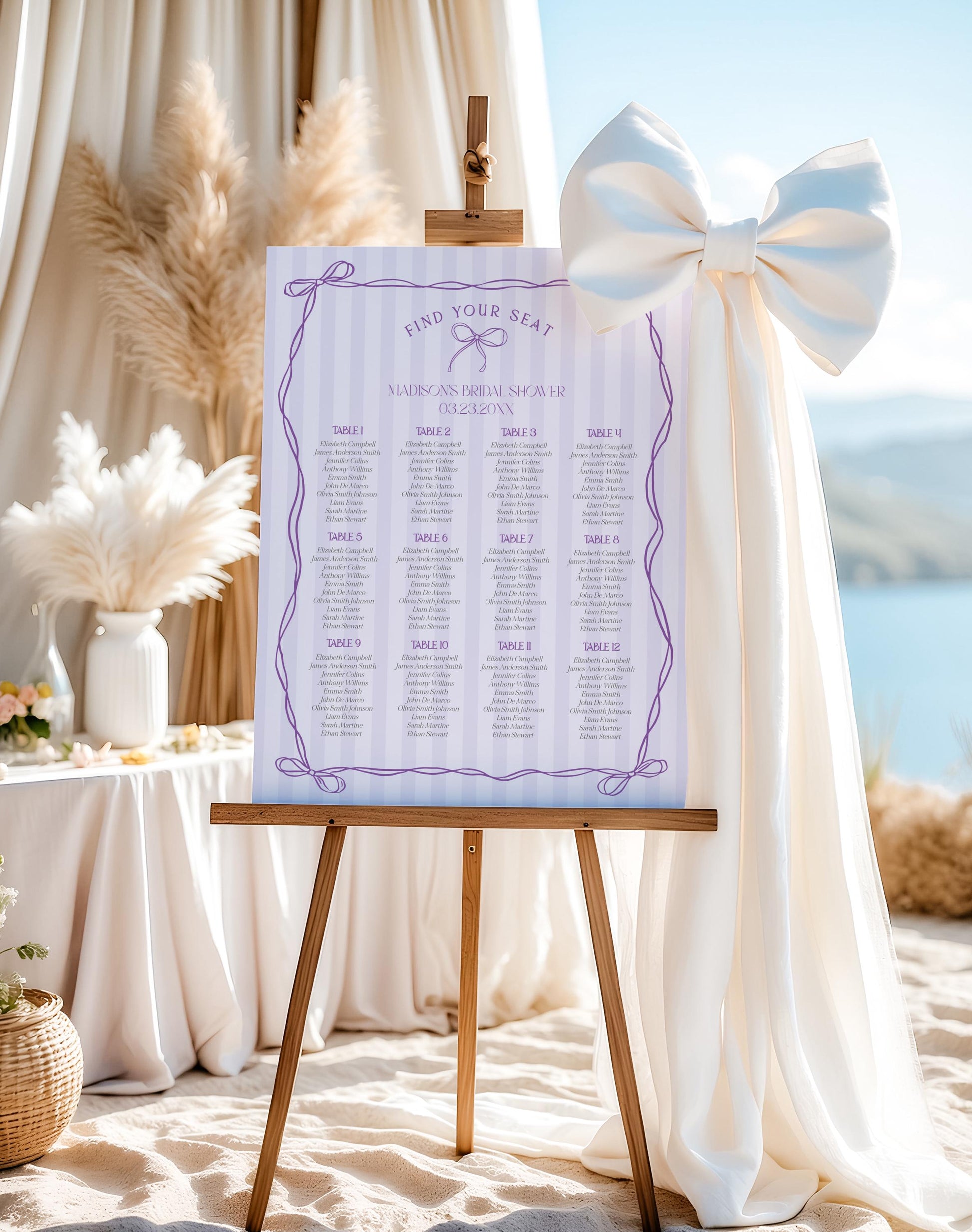 Purple Coquette Bow Seating Cards Template, Editable Lavender Baby Shower, Printable Tying the Knot Bridal Shower, DIY Birthday Kit WP1063