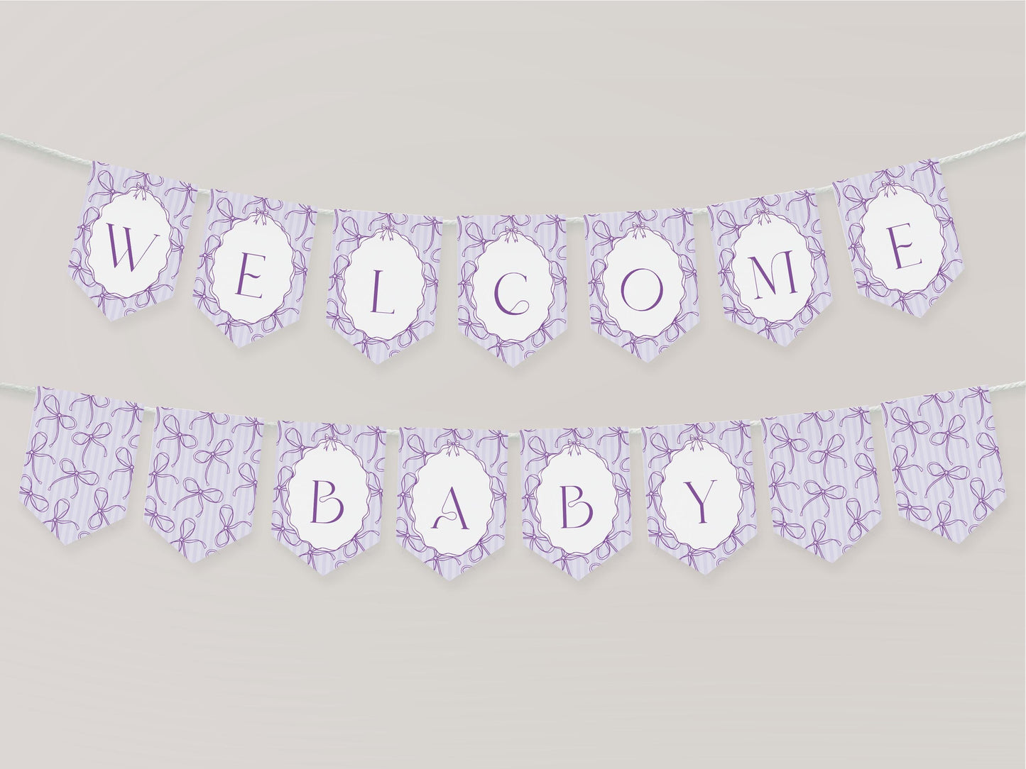Purple Coquette Bow Baby Shower Banner Template, Editable Lavender Baby Sprinkle, Printable Hand-Drawn Bows, Digital Download WP1063