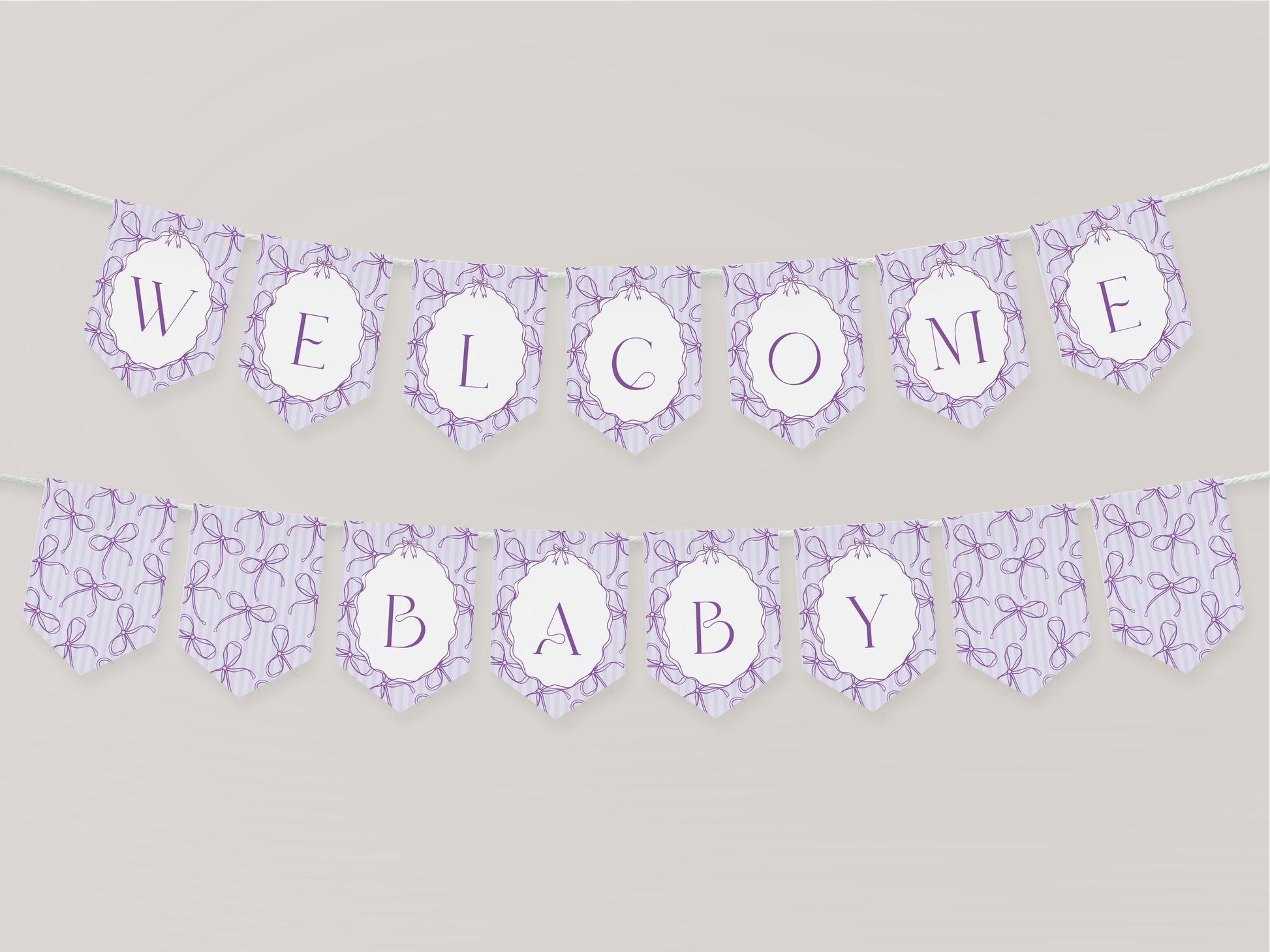 Purple Coquette Bow Baby Shower Banner Template, Editable Lavender Baby Sprinkle, Printable Hand-Drawn Bows, Digital Download WP1063