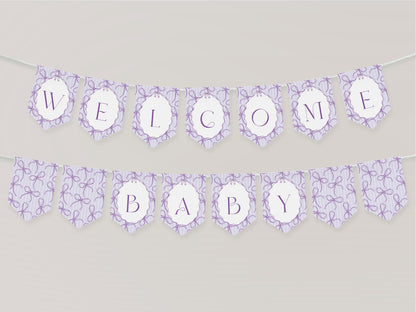 Purple Coquette Bow Baby Shower Banner Template, Editable Lavender Baby Sprinkle, Printable Hand-Drawn Bows, Digital Download WP1063