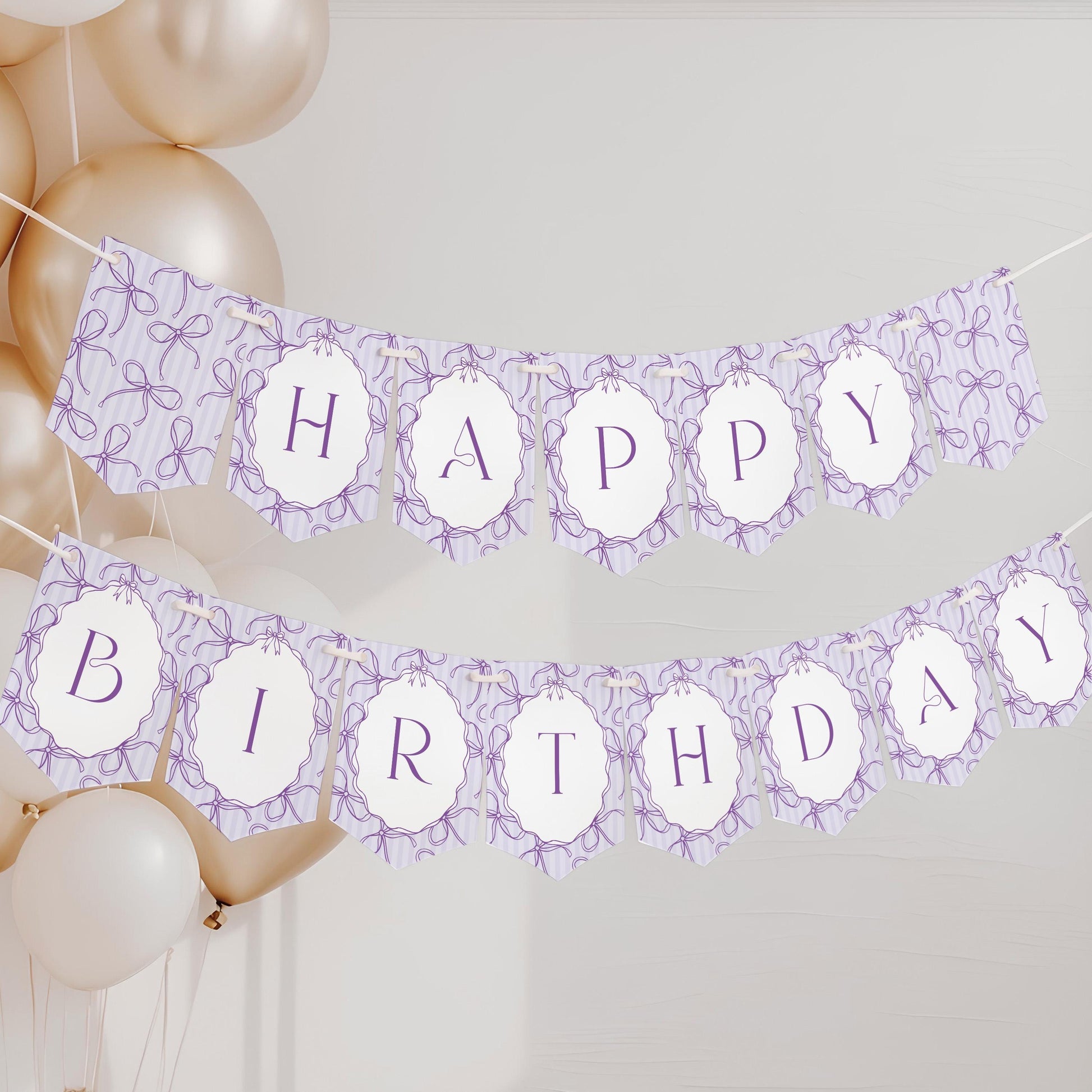 Purple Coquette Bow Birthday Party Banner Template, Editable Lavender Birthday Kit, Printable Hand-Drawn Bows, Digital Download WP1063
