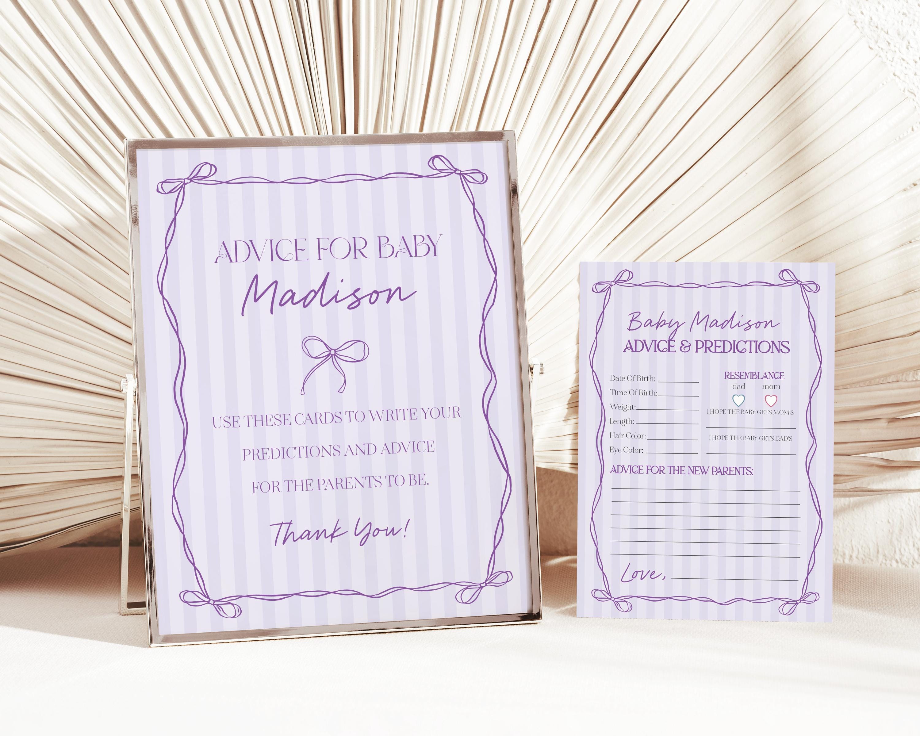 Purple Coquette Bow Advice for Baby Cards Template, Editable Lavender Baby Sprinkle, Printable Hand-Drawn Bows, Digital Download WP1063