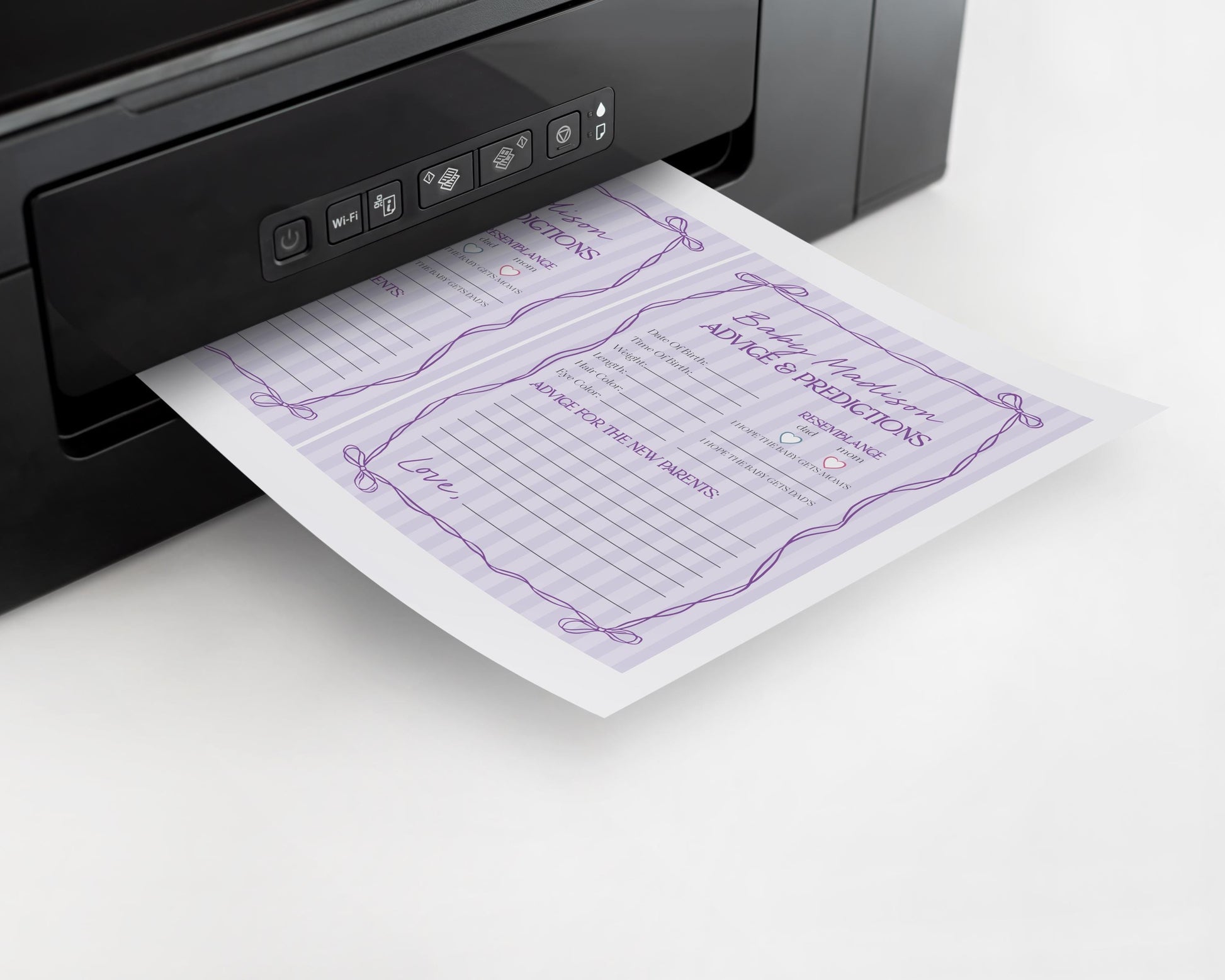 Purple Coquette Bow Advice for Baby Cards Template, Editable Lavender Baby Sprinkle, Printable Hand-Drawn Bows, Digital Download WP1063