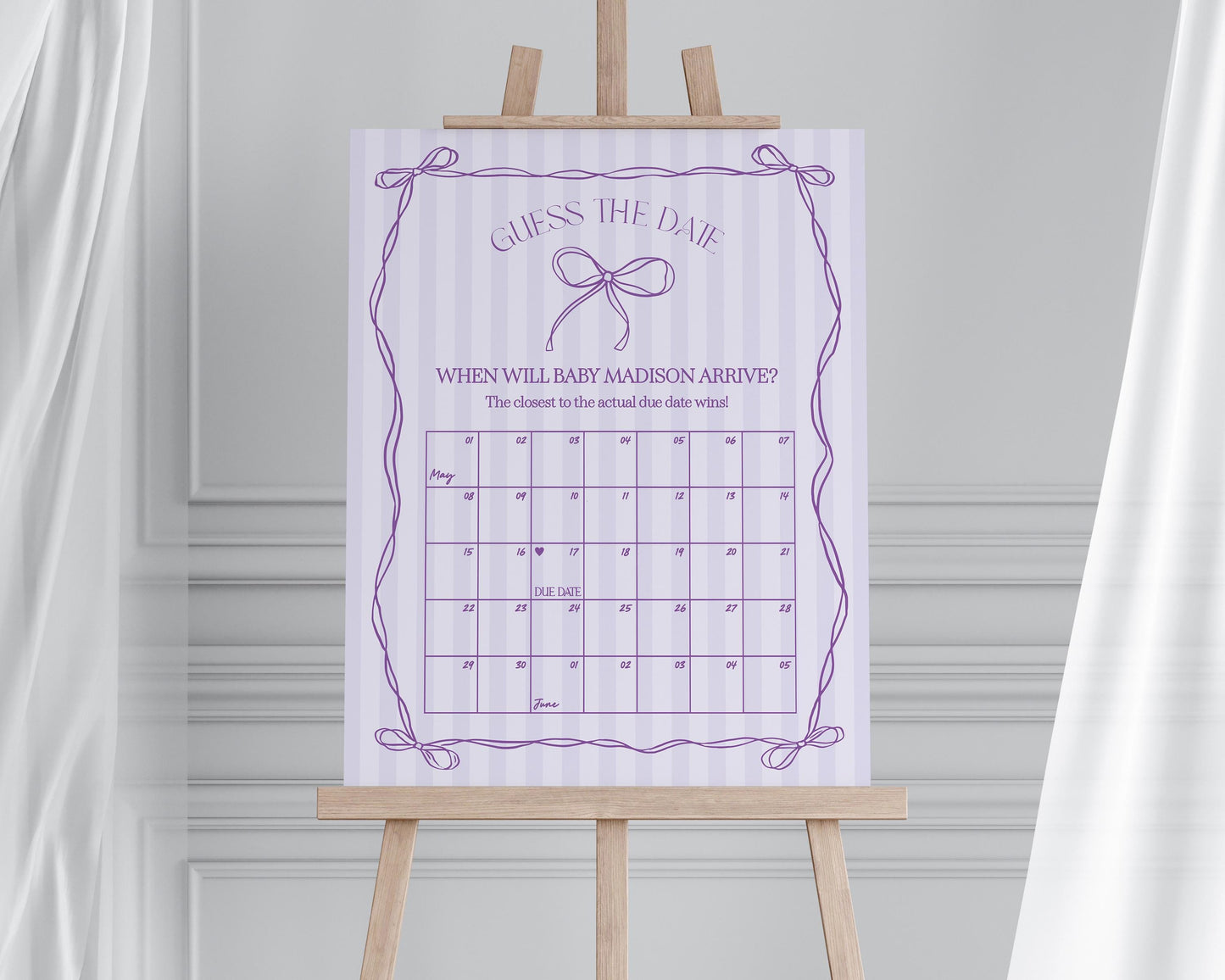 Purple Coquette Bow Baby Shower Guess the Date Game Template, Editable Lavender Baby Sprinkle Printable Hand-Drawn Bows Download WP1063