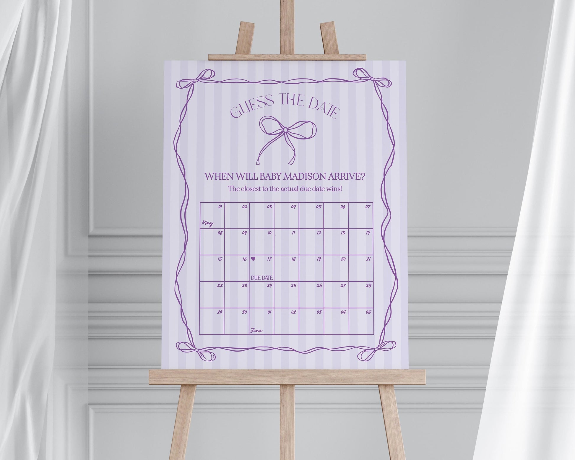 Purple Coquette Bow Baby Shower Guess the Date Game Template, Editable Lavender Baby Sprinkle Printable Hand-Drawn Bows Download WP1063