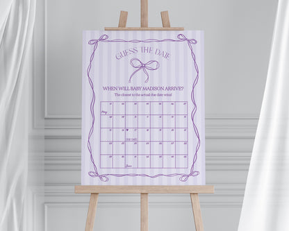 Purple Coquette Bow Baby Shower Guess the Date Game Template, Editable Lavender Baby Sprinkle Printable Hand-Drawn Bows Download WP1063