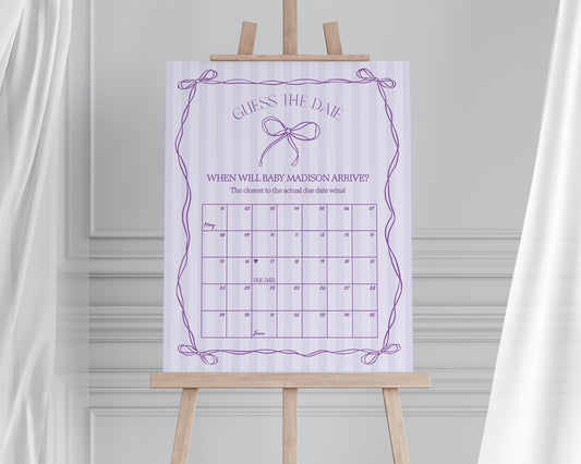 Purple Coquette Bow Baby Shower Guess the Date Game Template, Editable Lavender Baby Sprinkle Printable Hand-Drawn Bows Download WP1063