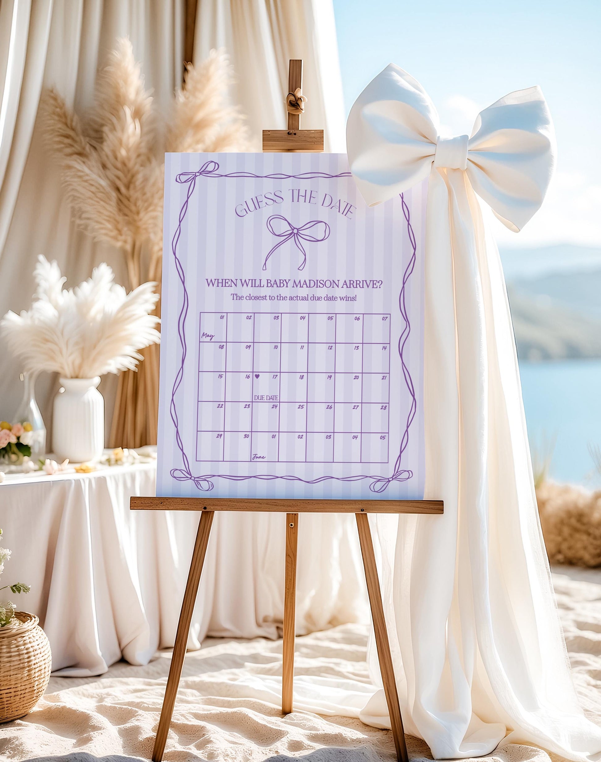 Purple Coquette Bow Baby Shower Guess the Date Game Template, Editable Lavender Baby Sprinkle Printable Hand-Drawn Bows Download WP1063