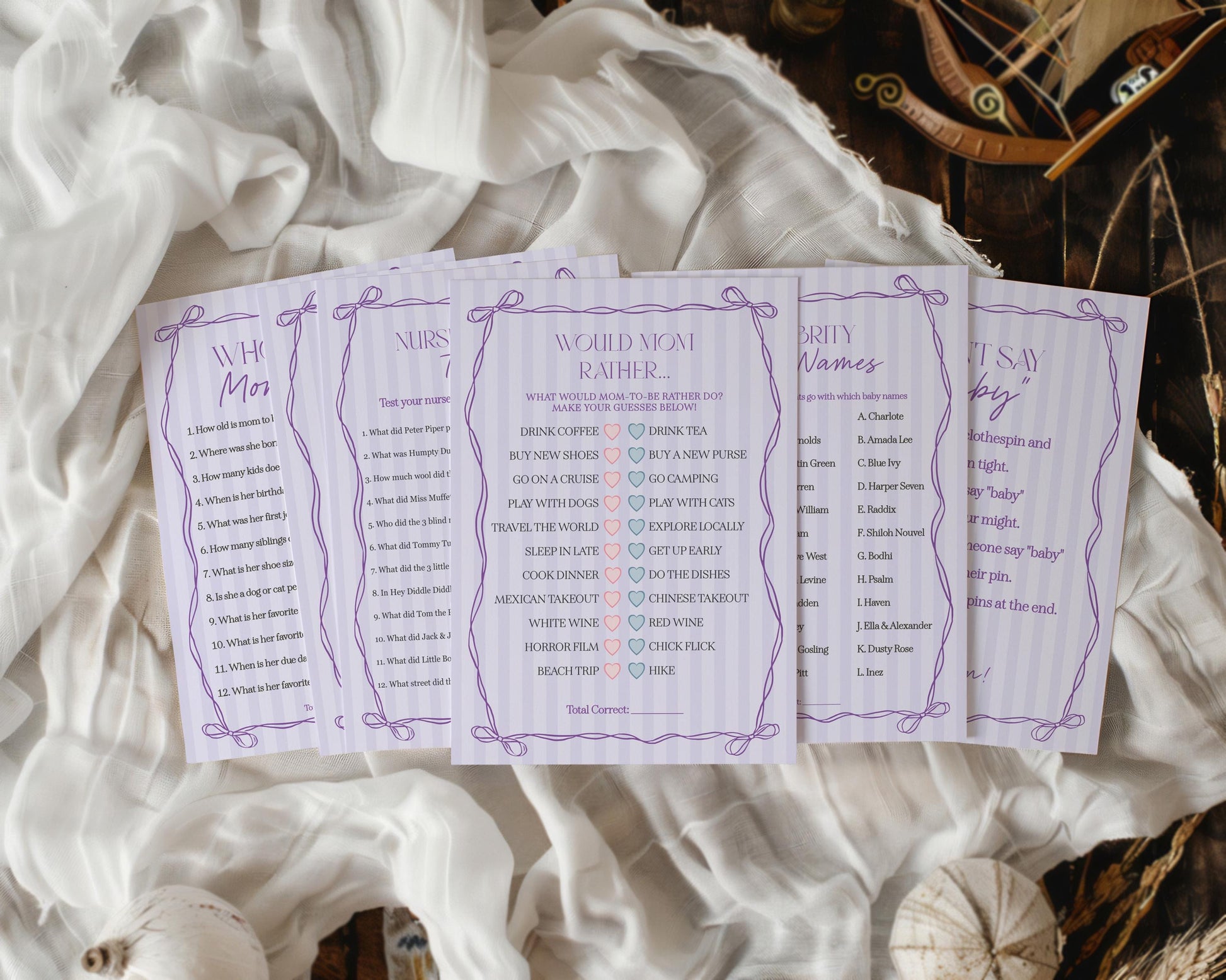 Purple Coquette Bow Baby Shower Games Template, Editable Lavender Baby Sprinkle, Printable Hand-Drawn Bows, Instant Download WP1063