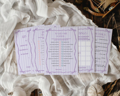 Purple Coquette Bow Bridal Shower Games Set Template, Editable Lavender Bridal Brunch Kit, DIY Printable Tying The Knot Shower WP1063