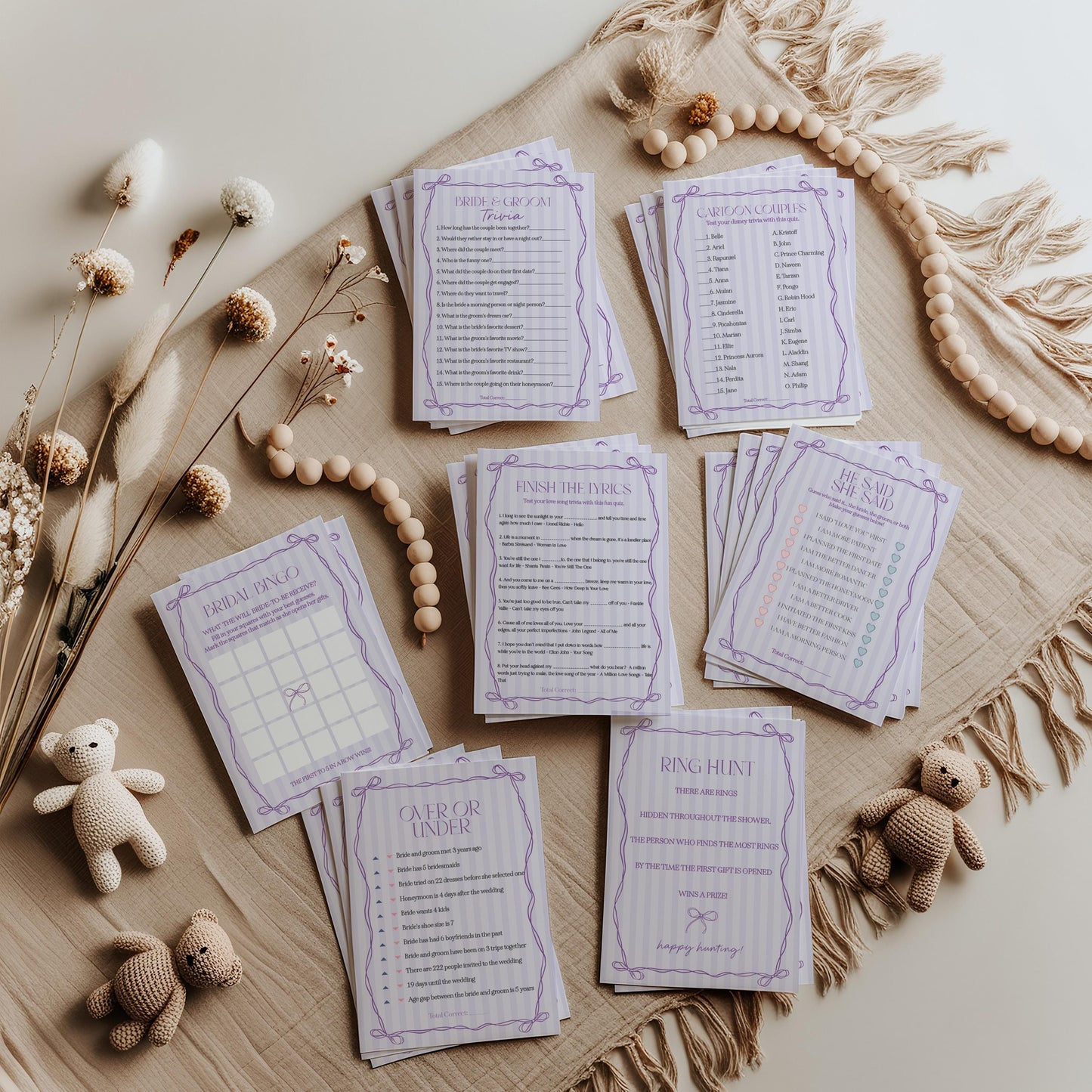 Purple Coquette Bow Bridal Shower Games Set Template, Editable Lavender Bridal Brunch Kit, DIY Printable Tying The Knot Shower WP1063