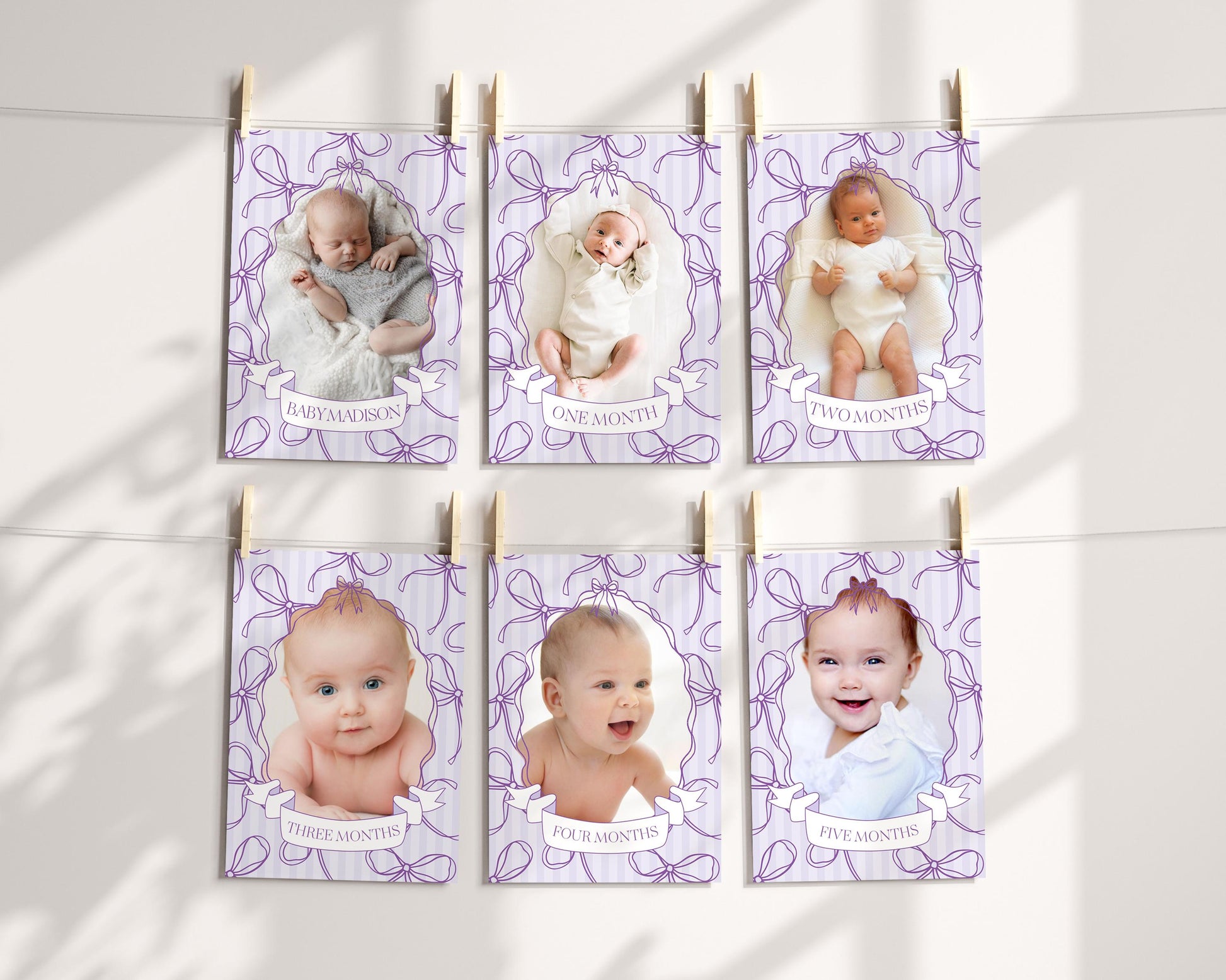 Purple Coquette Bow 1st Birthday Milestone Banner Template, Editable Lavender Birthday Kit Printable Hand-Drawn Bows Digital Download WP1063