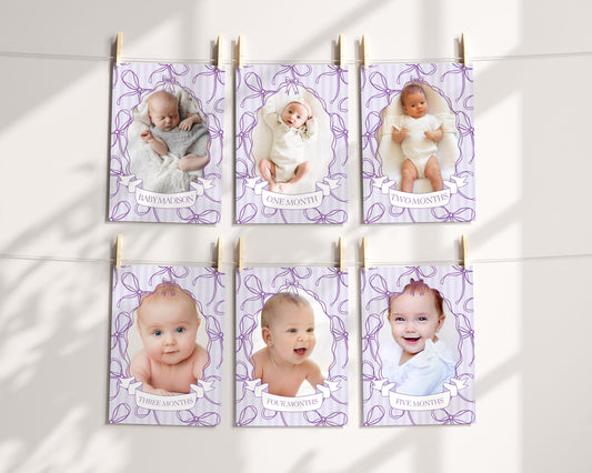 Purple Coquette Bow 1st Birthday Milestone Banner Template, Editable Lavender Birthday Kit Printable Hand-Drawn Bows Digital Download WP1063