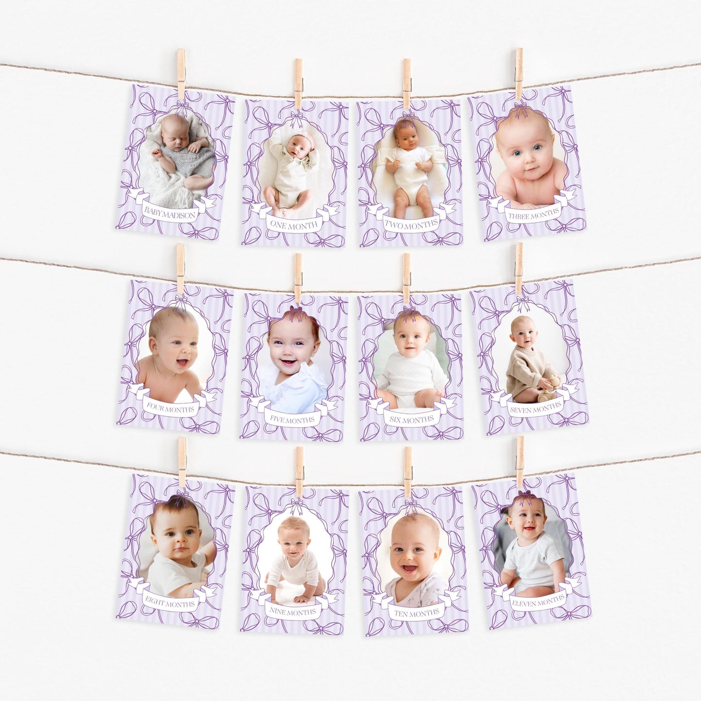 Purple Coquette Bow 1st Birthday Milestone Banner Template, Editable Lavender Birthday Kit Printable Hand-Drawn Bows Digital Download WP1063