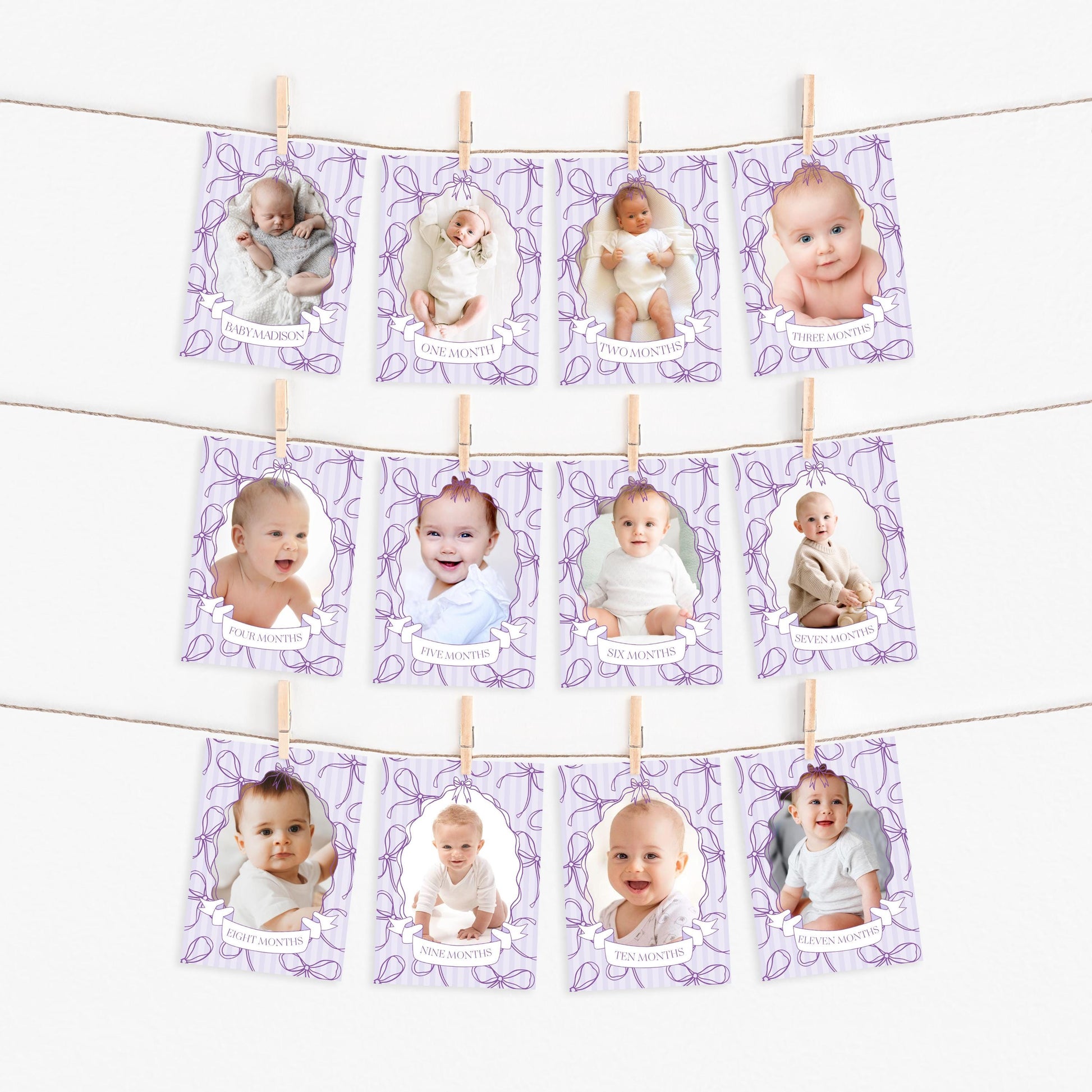 Purple Coquette Bow 1st Birthday Milestone Banner Template, Editable Lavender Birthday Kit Printable Hand-Drawn Bows Digital Download WP1063